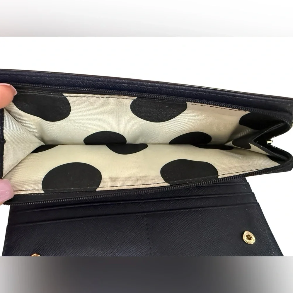 Kate Spade New York Navy Saffiano Leather Slim Wallet Clutch Gold Logo Zip
